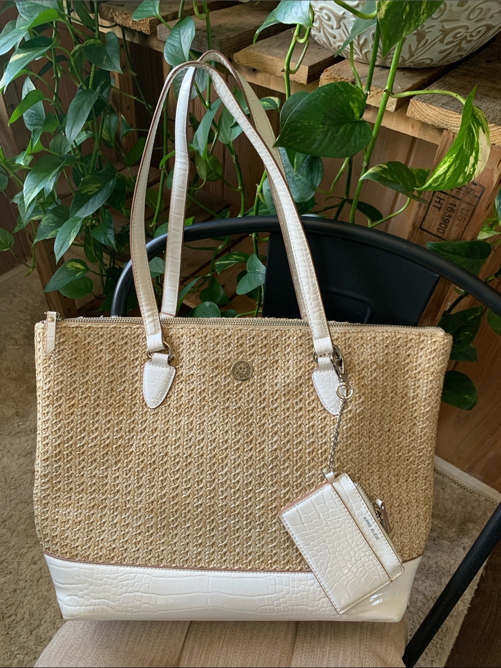 Anne Klein Neutral Straw Tote with White Trim and Card Pouch